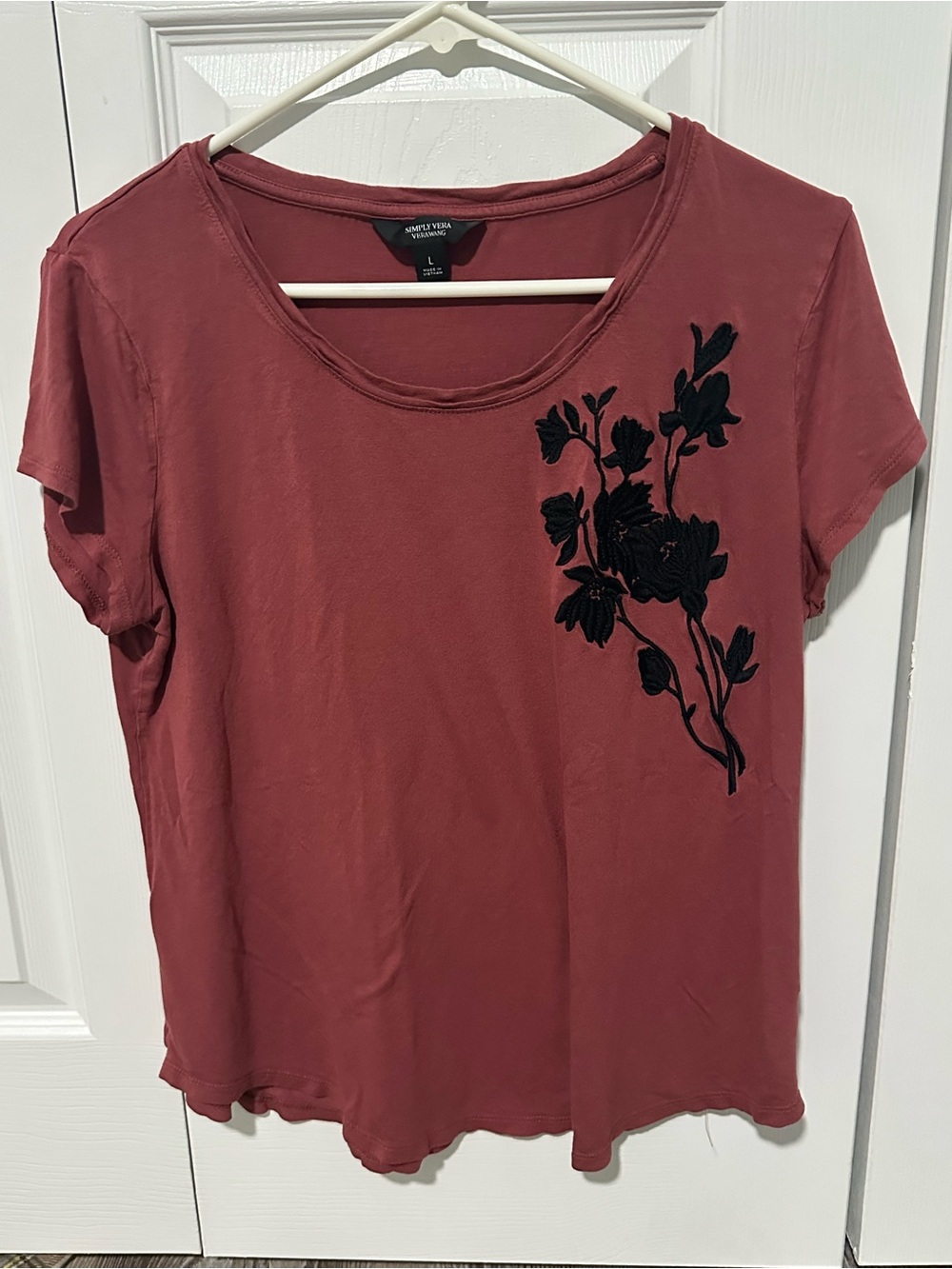 Soft Scoop Neck Women's Top with Black Floral Applique - Rust